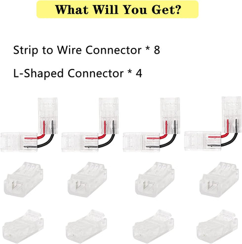 PAUTIX 8pcs 2-Pin 8mm COB LED Strip to Wire Connector Unwired Clips Solderless Adapter Terminal Extension Connection,4pcs L-Shaped Connectors for ...