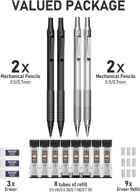 Nicpro 4 Pack Metal Mechanical Pencil Set 0.5 mm & 0.7mm with Case, Artist Pencil MP1000 with 8 Tubes HB & 2B Lead Refill, 3 Eraser, 9 Eraser Refi...