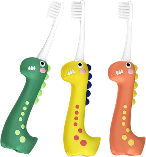 Dinosaur Kids Toothbrush, 0.12mm Soft Filament Toddler Toothbrush for Kids 6-12 Make Brushing Fun and Protect Kids Delicate Teeth (Yellow+Green+Or...