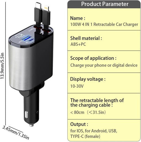 Retractable Car Charger, 4 in 1 Fast Charge Car Phone Charger Adapter 100W, Retractable Cables(2.6ft) for iPhone & Type-C, Cigarette Lighter Adapt...