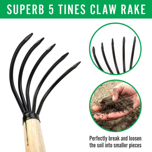 Garden Rake with Ergonomic Wooden Handle for Firm Grip, Military Grade Steel Gardeners Tine Cultivator Wood Japanese Ninja Claw Rake for Perfect P...