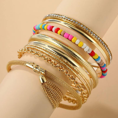 COLORFUL BLING Boho Gold Indian Multi Cuff Bangle Bracelet Layered Rhinestone Pearl Stackable Cable Smooth Bracelet Set Bohemian Jewelry for Women...