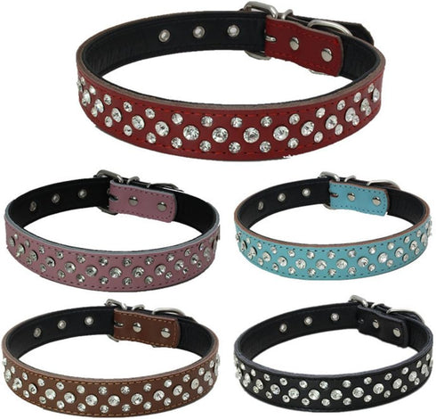 Dogs Kingdom 14.5"-20" Genuine Leather Padded Rhinestone Dog Collars Bling Dog Collar Pet Collar Small Medium Dog Customized Crystal Dog Collar Bl...