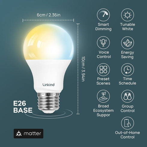 Linkind Matter Smart Bulb, Soft White to Daylight Tunable Alexa Light Bulbs, Smart Light Bulbs Work with Apple Home, Alexa, Google Home, 2.4GHz Wi...