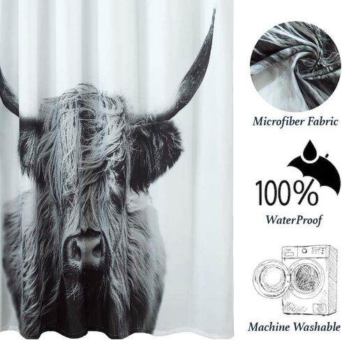 Cow Shower Curtain - White Shower Curtains for Bathroom Decor, Black and White Gray 3D Art Print (72x84,Grey Highland Cow)...