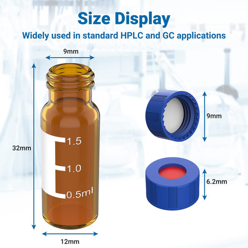 FOUR E'S SCIENTIFIC 2ml Autosampler Vials 100 Pack - HPLC Vial | 9-425 Amber Vial with Blue Screw Caps | Writing Patch | Graduation | White PTFE &...