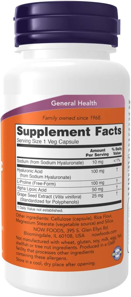 NOW Supplements, Hyaluronic Acid 100 mg, Double Strength with L-Proline, Alpha Lipoic Acid and Grape Seed Extract, 60 Veg Capsules...