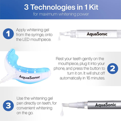 AquaSonic Power Bright Teeth Whitening 3-in-1 Kit | 2 Whitening Gel Syringes | 1 Blue LED Light Mouthpiece | 1 Whitening Pen | Easy Safe Fast Resu...