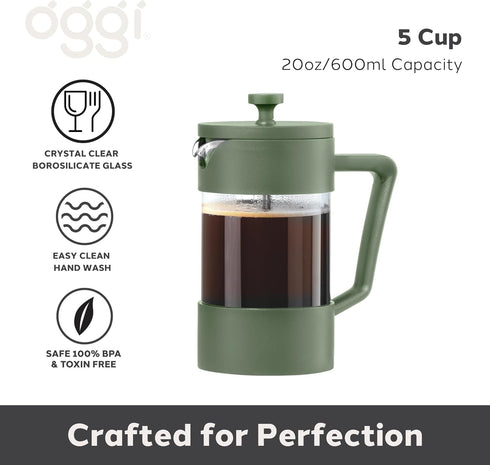 Oggi Borosilicate Glass French Press Coffee Maker (20oz)- 5 Cup Capacity, Coffee Press, Single Serve Coffee Maker, Stainless Steel Lid & Plunger, ...