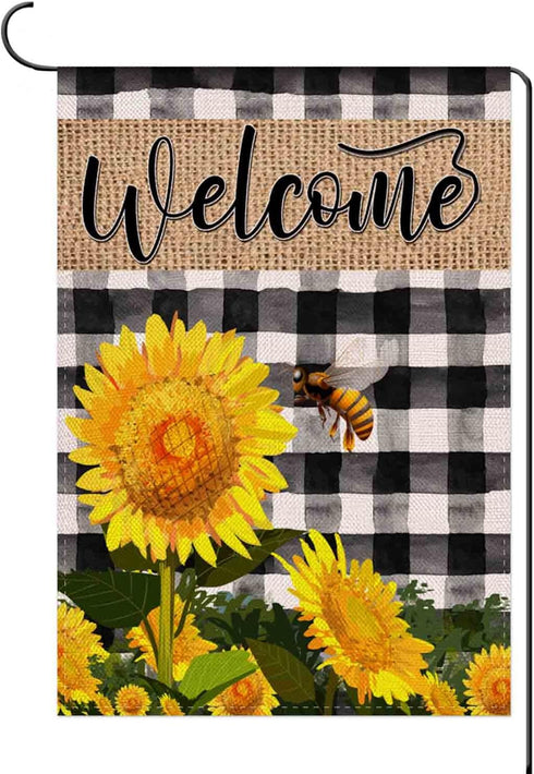 Welcome Spring Bee Garden Flag White and Black Sunflower Garden Flag Burlap Vertical Double Sided Farmhouse Party Yard Outdoor Decoration 12.5 x 1...