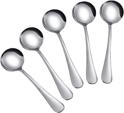 Soup Spoons, 5-Pack Stainless Steel Spoons Silverware Round Cereal Spoon Dinner Spoons Tablespoons Set for Bouillon Dessert Ice Cream Kitchen Cook...
