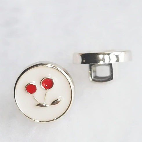 10 Pieces Resin Buttons Silvery Round Shape Enamel White Crystal Button Embed Red Cherry Pattern for Jewelry Making Wedding Bouquet Decorations (1...