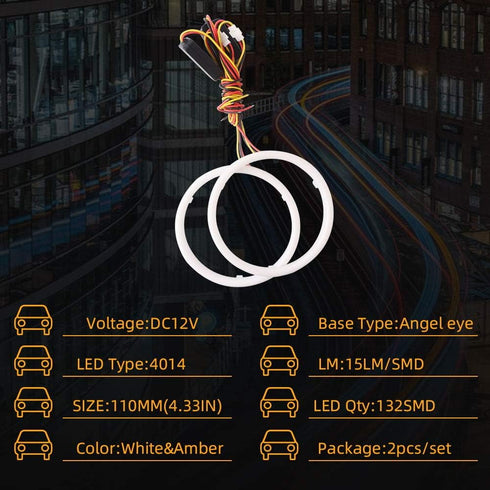 Qasim 1-Pair 110MM White+Amber Switchback 132SMD 4014 LED Halo Ring Angel Eye DRL Fog Light Turn Signal Lamp 12V...