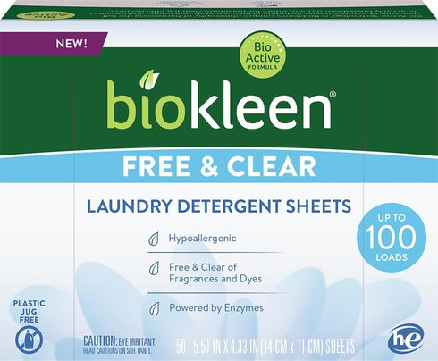 Biokleen Laundry Detergent Sheets - Free & Clear From Fragrances and Dyes, Hypoallergenic Enzymatic Cleaning - 50 Sheets, 100 Loads...