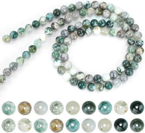 100Pcs Round Natural Tree Agate Gemstone Loose Beads with Stretch Cord for Bracelet Jewelry Making, 8mm, Small, Green White...
