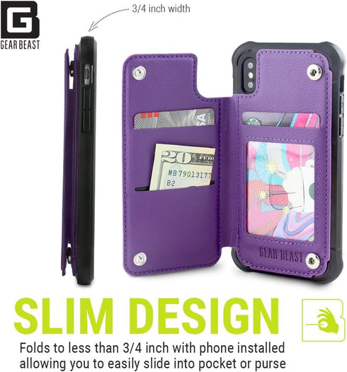 Gear Beast PU Leather Top View Wallet Case Fits iPhone Xs/X Includes Flip Folio Cover, with Three Card Slots Including Transparent ID Holder and M...