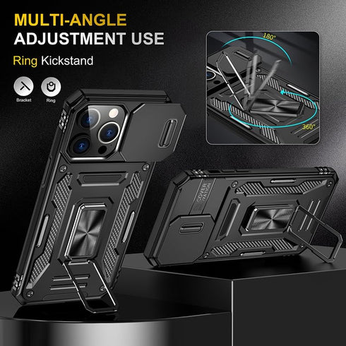 for iPhone 15 Pro Case with 2Tempered Glass Screen Protector,iPhone 15 Pro Kickstand Case with Slide Camera Cover &360°Ring Stand Magnetic Shockpr...