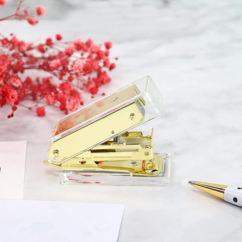 MultiBey Mini Gold Stapler with Staples, Acrylic Metal Desk Stapler with 26/6 Staples, 18 Sheets Capacity, Small Stapler for Women, Girls, Teenage...