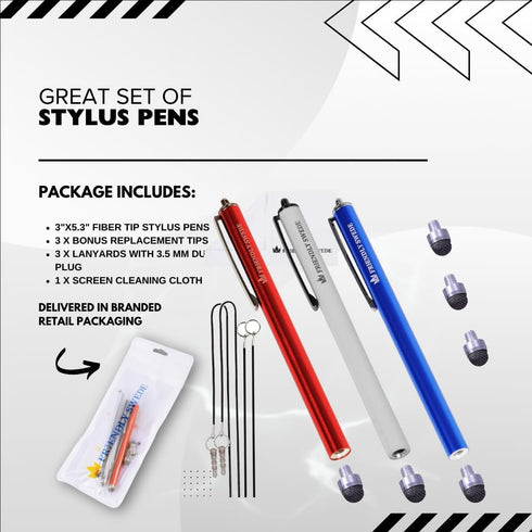 The Friendly Swede Set of 3 Fiber Tip Stylus Pens for Touch Screens, Stylus Pen for iPad, iPad Pen, iPad Stylus - Retail Packaging - Incl. 6 Lanya...