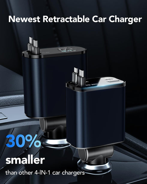 HATALKIN Retractable Car Charger 4 in 1, 69W Fast Car Phone Charger, 2 Retractable Cables and USB C Car Charger, Car Charger Adapter for iPhone 16...