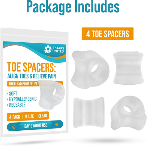 5 STARS UNITED Big Toe Spacers for Men & Women – 4 Gel Separators for Overlapping & Curled Toes, Bunions, Alignment - Diabetic Foot Care, Silicone...