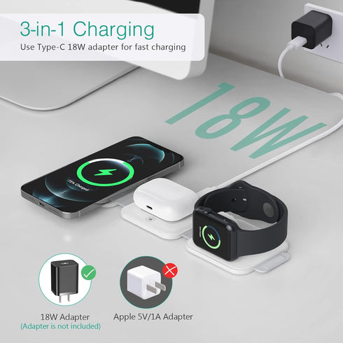 ORIA 3 in 1 Foldable Wireless Charger, Fast Wireless Charging Pad with Charging Indicator Light, Foldable Charging Station for iOS, i Watch, Air P...