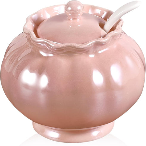 Porcelain Sugar or Salt Bowl with Lid and Spoon, Ceramic Spice Keeper Pearlescent Glazed Design Modern Kitchen Decor, 9 Ounce, Pink...