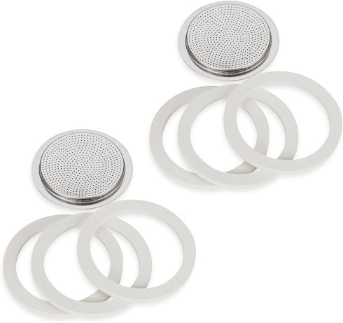 Bialetti (2-Packs) of #06961, total of SIX replacement gaskets and TWO Bialetti replacement filter plates (For 6-CUP Bialetti Moka Express, Dama, ...