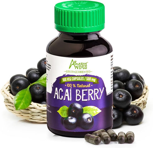 Amazon Andes Acai/Açai Berry Capsules (Euterpe oleracea) – Rich Source of antioxidant, Vitamin C & Fibers - Support Immune System - Gluten Free, N...