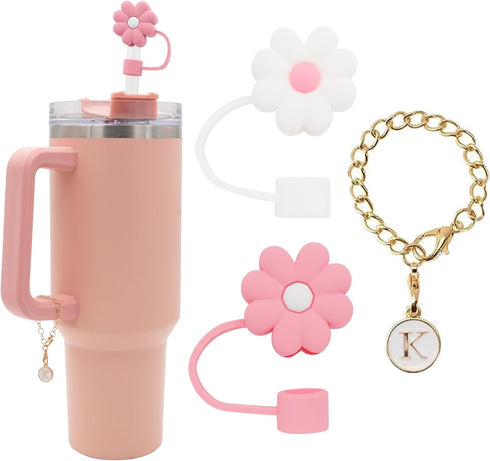 2PCS Straw Cover for Stanley Cup 30&40 Oz 10mm Flower Silicone Straw Topper Protector Lid with Initial Personalized Letter Charm Stanley Tumblers ...