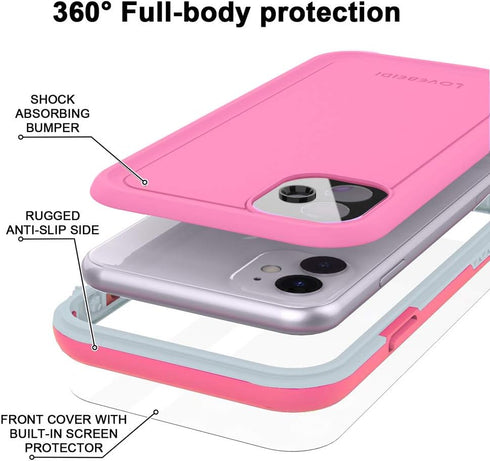 for iPhone 11 Waterproof Case 6.1 Screen Protector Underwater Shockproof Full-Body Dustproof Rugged Case for Aplle iPhone 11 (Pink)...