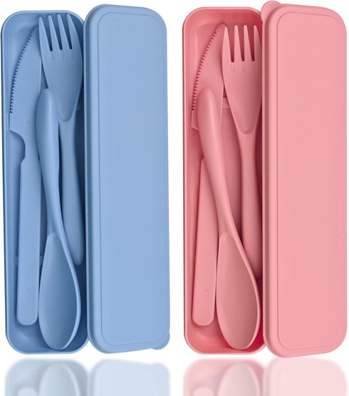 2 Sets Travel Utensils with Case,Reusable Utensils for Lunch Box,Plastic Knives Spoons and Forks Set,Portable Camping Utensil Set Cutlery Set for ...