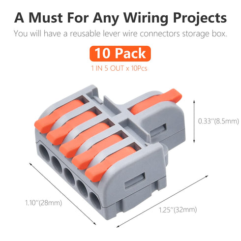 10Pcs Lever Wire Connectors, 1 in 5 Out DIY Mini Splicing Compact Quick Push-in Electrical Connectors, 24-12 AWG...