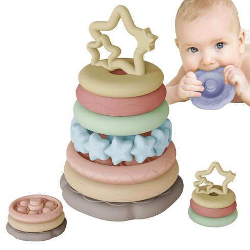 Sensory Baby Teething Toys, Stacking Rings Toys for 1 2 One Year Old, 7 Piece Teether Set Baby Girl Boys Shower Gifts, Newborn Essentials for 6-12...