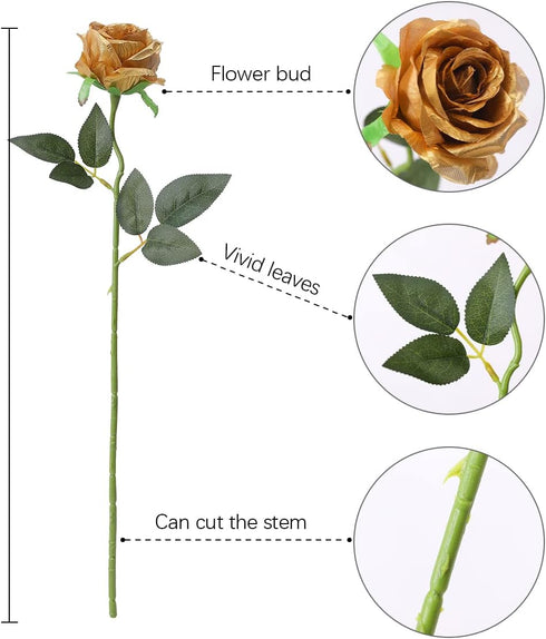 Veryhome 10 Pcs Artificial Gold Flowers Silk Roses Real Touch Bridal Wedding Bouquet Gold Rose for Christmas Home Garden Party Floral Decor...