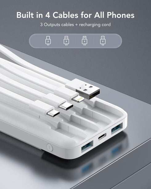 Portable Charger with Built in Cables, Portable Charger with Cords Wires Slim 10000mAh Travel Battery Pack 6 Outputs 3 Inputs 3A Fast Charging Pow...