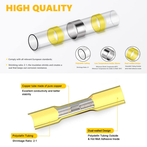 Heat Shrink Wire Connectors with Solder Seal Wire Connector, 250PCS Waterproof Electrical Butt Splice Wire Terminals for Marine Automotive Boat Tr...