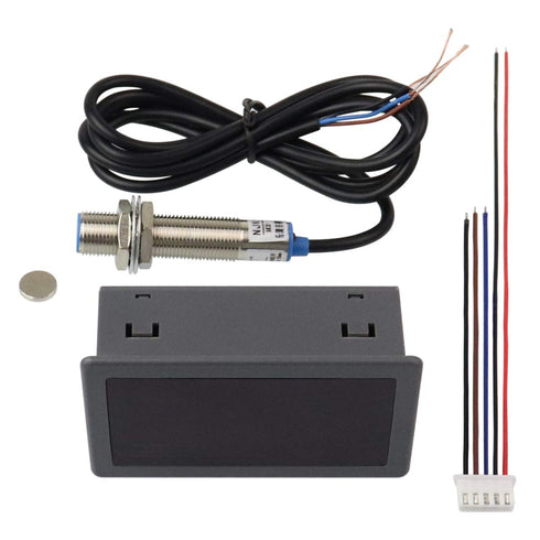 4 Digital Red LED Tachometer RPM Gauge Speed Meter with Hall Magnet Sensor NPN-NO Switch for Lathe Conveyor Belt...