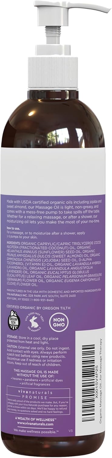 Viva Naturals Organic Massage Oil (8 fl. oz.) - Lavender Scented Relaxing Body Massage Oil for Massage Therapy - Perfect for Home Use & Profession...