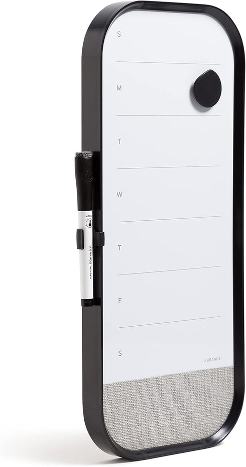 U Brands Modern Bevel Magnetic Dry Erase Calendar Board with Bulletin Strip, 7"x16", Black Frame, Includes Magnet, Marker...