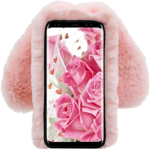 Rabbit Case for Samsung Galaxy S9 Plus, Cute 3D Bunny Ears Soft Furry Hairball Fuzzy Winter Warm Faux Fur Plush Fluffy Flexible TPU Bumper Protect...