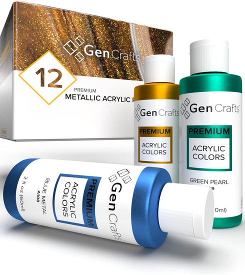 GenCrafts Metallic Acrylic Pouring Paint 12 Colors Pre-Mixed High Flow & Ready to Pour - 2 oz./60 ml Bottles - Multi-Purpose Paints for Canvas, Pa...