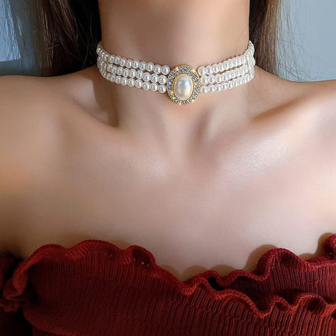 fxmimior Boho 3 Tier Pearl Rhinestones Gold Shiny Choker Necklaces Dainty Rhinestones Pearls Chunky Short 1920s Choker Necklace Chain Multilayer C...
