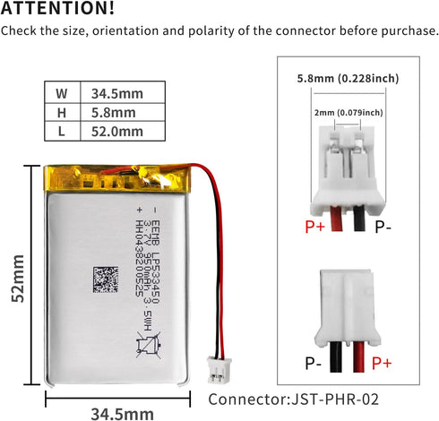 EEMB Lithium Polymer Battery 3.7V 950mAh 533450 Lipo Rechargeable Battery with Wire JST 2.0mm Connector for Speaker and Wireless Device- Confirm D...