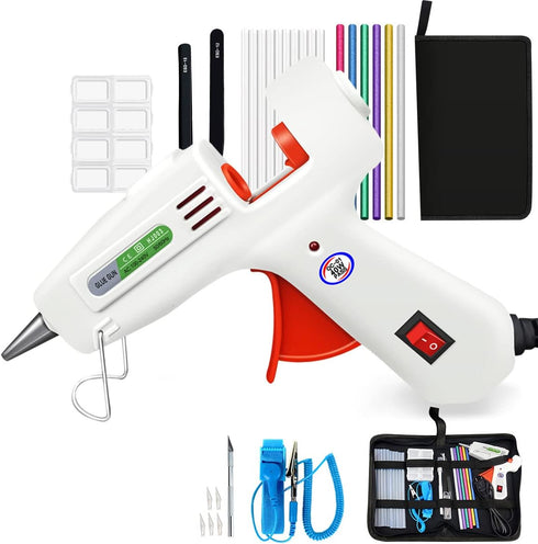 Hot glue gun kit, transparent glue stick, colored glue stick, carving knife with 5 cutting heads, two pointed tweezers, small jewelry box, electro...