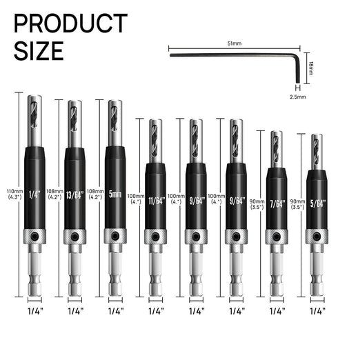 17Pcs Black Self Centering Drill Bit Set 1/4" Hex Shank VIX Bit, 5/64-1/4” Quick Change Hinge Center Drill Bits with 1 Hex Key & 8 Drill Bits for ...