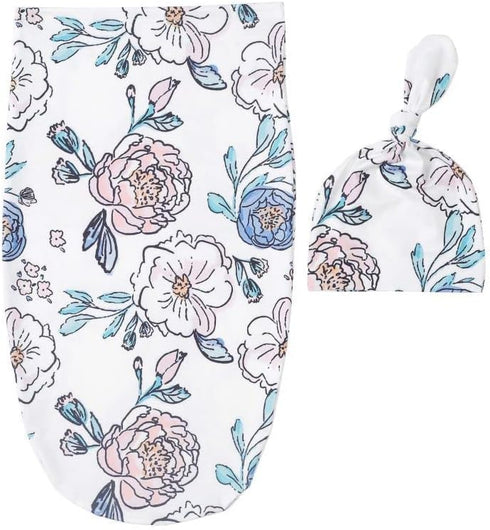 Baby Cocoon Swaddle Blanket Newborn Girl Swaddle and Headband Set Purple Soft Stretchy Flowers Floral Print Wrap Shower Gift (Flowers)...