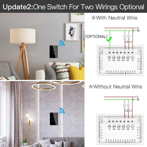 MoesGo ZigBee Wall Touch Smart Light Switch, Only Work with MoesGo Zigbee Hub, No Neutral Wire/N+L Wiring, Smart Life Tuya 2/3 Way Remote Control,...