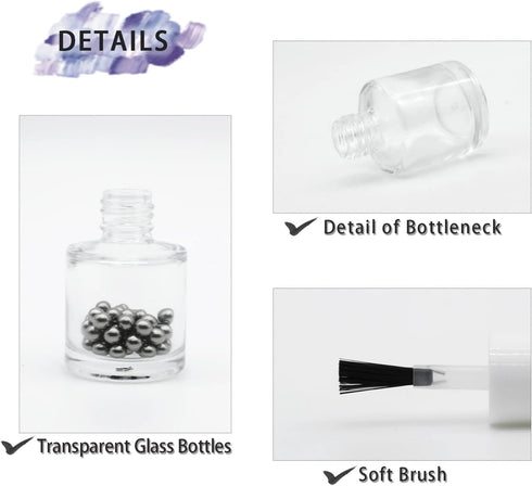 6PCS Empty Nail Polish Bottles with Brush White Cap, 10ML Empty Clear Glass Refillable Nail Fingernail Polish Bottles Circle with mixing beads & F...