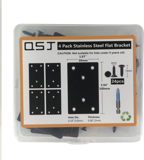 4 Pack Black Flat Mending Plate,Six-Hole Metal Bracket, Straight Steel Brace 3.94 x 1.97'', Fixing Joining Plate for Wood with 24PCS Screws, 1x Sc...